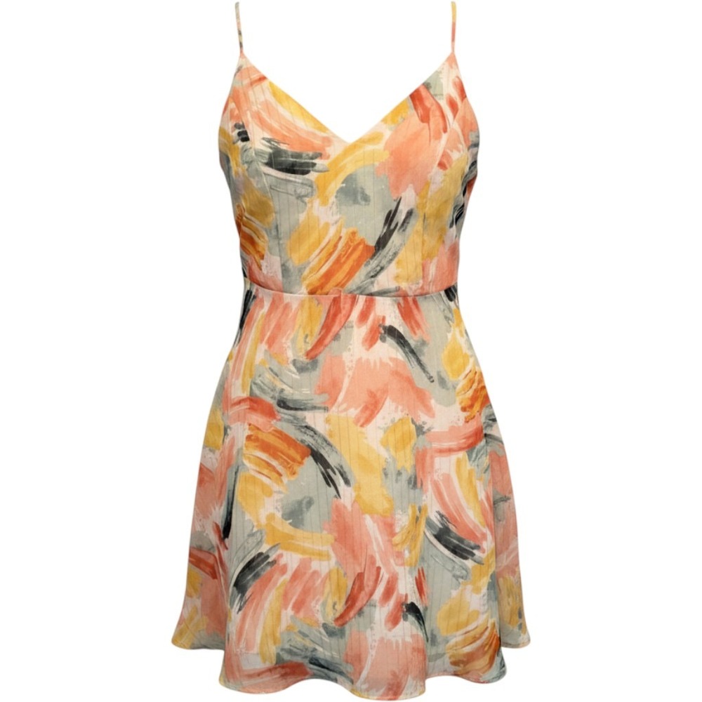 Lulus Abstract Brushstroke Mini Dress Orange Yellow Gold Metallic Stripe XS